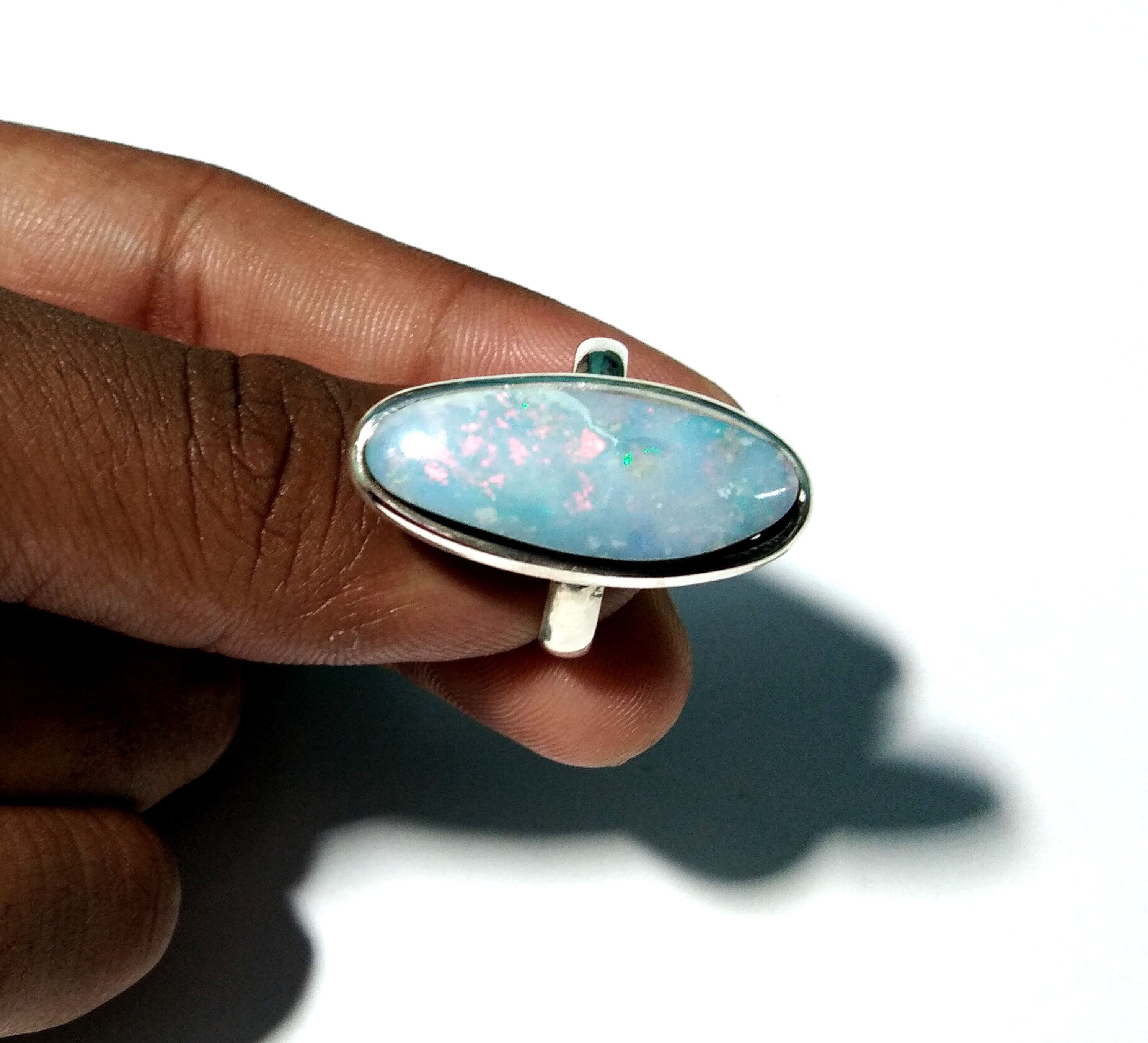 Australian Opal Doublet Multi Fire Ring, Solid 925 Starling Silver Ring, Jewelry Fancy Shape Stone Size 24x9 mm Opal Ring, Cabochon Rings